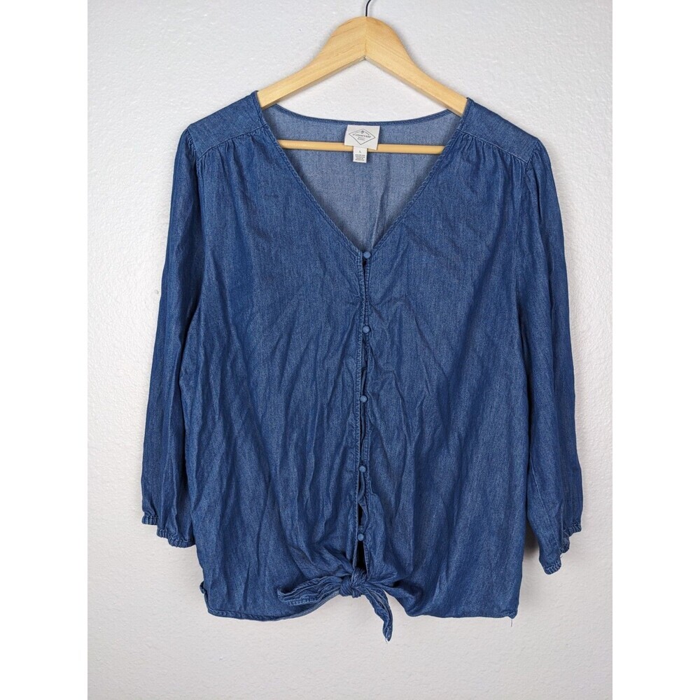 St. John's Bay Womens Chambray Top Tie Front Blue Button Up Tunic Size Large 176